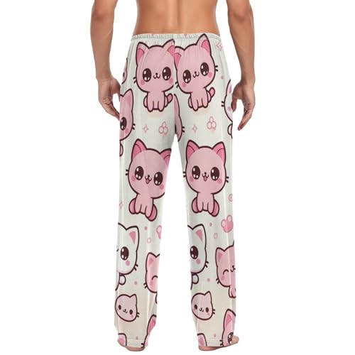 Men's Pajama Pants Cats Pink White Sleep Pajama Lounge Pant with Pockets, Elastic Waistband2