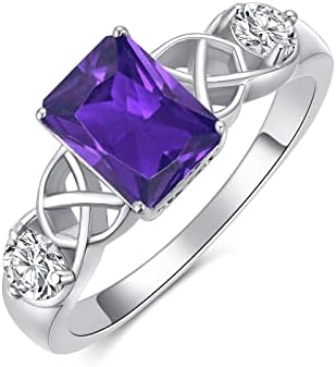 Shusukue February Birthstone Ring 925 Sterling Silver Amethyst Ring Square Crystal Ring Celtic Good Luck Ring Birthday Anniversary Mother's Day Jewelry Gifts for Women Girls Size 7