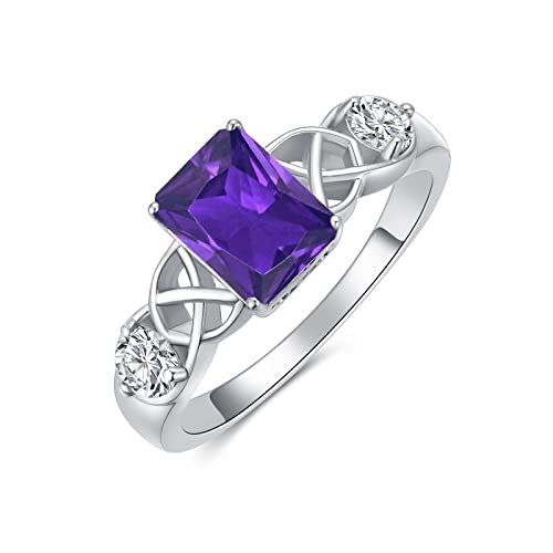 Shusukue February Birthstone Ring 925 Sterling Silver Amethyst Ring Square Crystal Ring Celtic Good Luck Ring Birthday Anniversary Mother's Day Jewelry Gifts For Women Girls Size 7 #TOP1