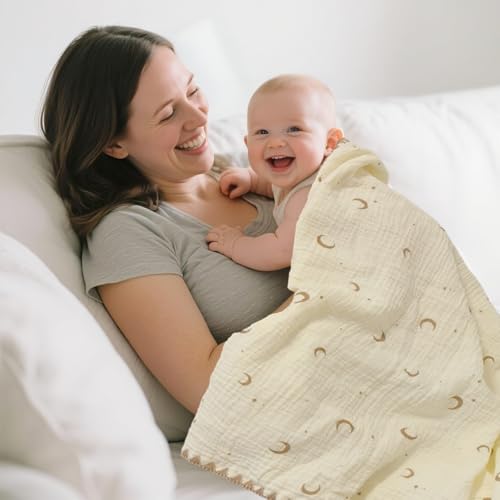 Image of Double Layered 100% Cotton Muslin Baby Blanket Ultra-Soft 40x40 Inch Swaddling Nursery Crib Blanket(Moon Stars)
