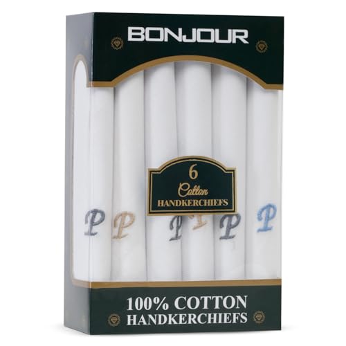 Image of Bonjour Men's White Cotton Handkerchief With Alphabet (A to Z) Initial (Pack of 6)