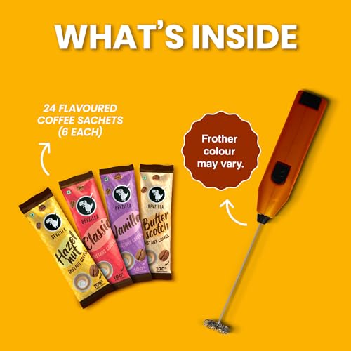 Image of Bevzilla 24 Coffee Sachets & Frother (24 X 2 Gram Sachets) | 6 Pouches Each Flavour | Cafe Coffee Kit | Classic, Hazelnut, Vanilla & Butterscotch | Arabica Beans | Enjoy Hot & Cold