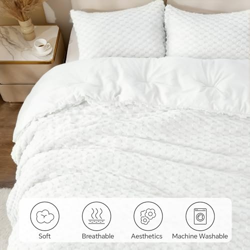 Image of BEDELITE Fluffy Queen Comforter Set - Bright White Fleece Soft Comforter for Queen Size Bed, Luxury Warm Bedding Set for Winter, Fuzzy Bed Set 3 Pieces (1 Comforter, 2 Pillowcases)