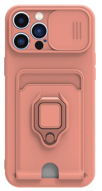 iPhone 13 Silicon Case || Back cover with Sliding Camara Lens Protection || 13 case with Card Holder || Case with Neck Strap for ladies And with car magnetic mount- Silicon Case (Pink)