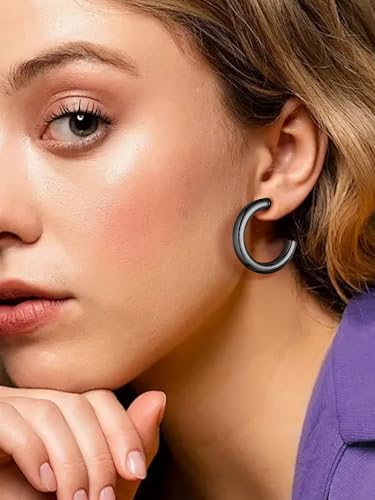 Image of Stainless Steel Chunky Hoop Earrings For Women, Minimalist and Chic, Black /Gold Plated, Round Hoops Earrings Hypoallergenic, Size: 30mm /40mm /60mm /80mm, Come with Box