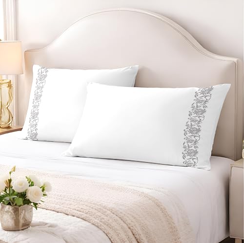 Image of Pure Cotton 500 TC Bag Type Pillow Cover Set | Greek Embroidered Pillow Cover Set | Percale Weave | 18 X 27 Inches (2, Silver Blossom)