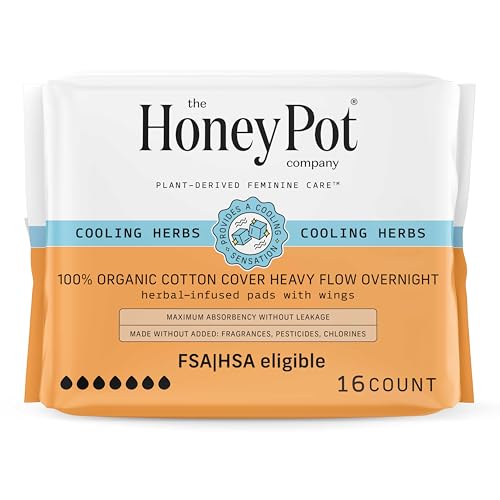 Image of The Honey Pot Company - Herbal Sanitary Pads for Women - Heavy Flow Overnight w/Wings - Infused w/Essential Oils for Cooling Effect & Organic Cotton Cover - Feminine Care - FSA & HSA - 16 ct