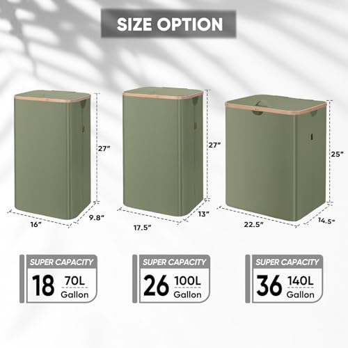 Image of BALEINE Laundry Hamper with Lid, Tall Laundry Baskets with Bamboo Pull Handles, Large Laundry Bin with Internal Support (26 Gal /100L, Green)