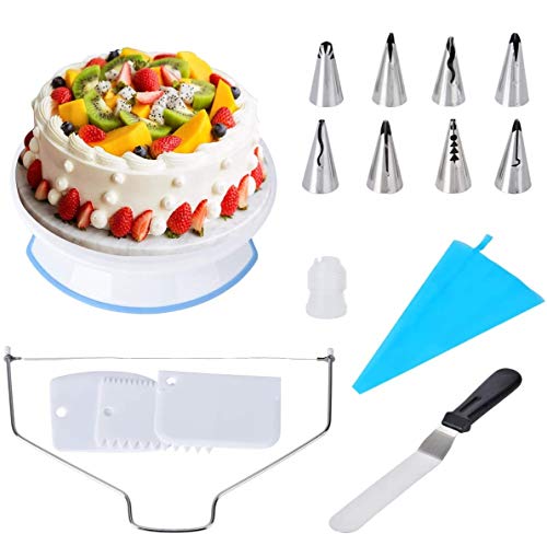 Tortenplatte Plattenspieler-Ständer, Drehbarer Tortenständer mit Icing Spatel, 3 Icing Smoother, Kuchenschneider, Spritzbeutel und 8 Stück
