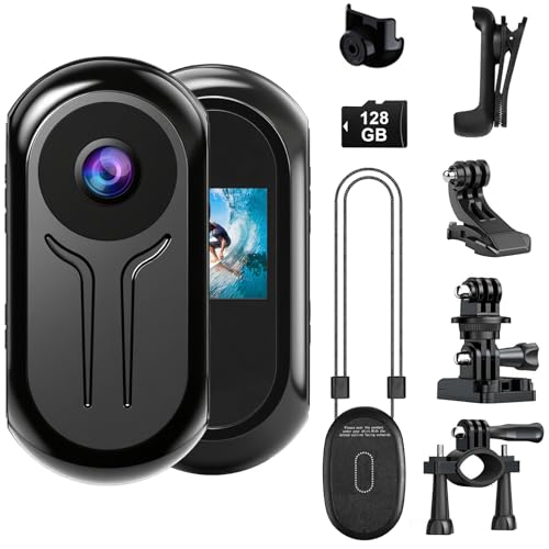 OBEST Mini Camara Deportiva con Tarjeta 128 GB Cámara Accion 360 Bodycam Visión Nocturna con Pantalla 0,85', Cámara Casco Moto Magnética 1080P, Vlog POV Camera Video Corporal Ciclismo Viaje, Negro