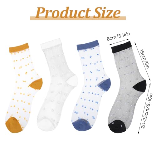 4 Pairs Women's See Through Socks - Ankle High, Polka Dot, Breathable, White, Black, Turmeric, Blue, Medium4
