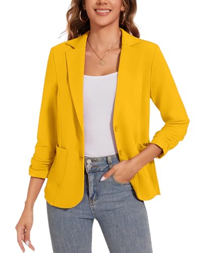Women's Casual Button Front Blazer Jackets Ruched 3/4 Sleeve Lapel Office Work Lightweight Blazers with Pockets4