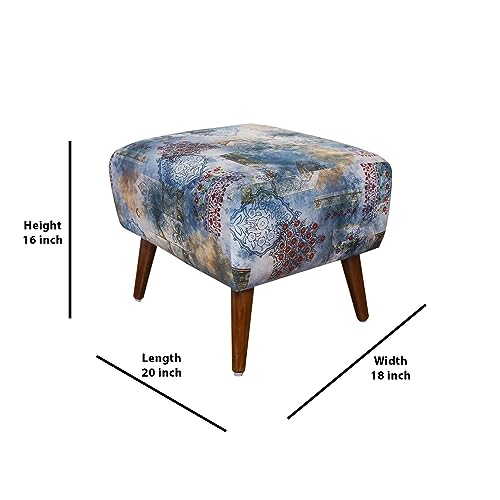 Image of The Artage Puffy Stool for Living Room Vanity Dressing Table Sitting Blue Printed Premium Foam Cushioned Pouffe Ottoman for Foot Rest Stool for Home Decor Furniture Wooden (Floral) (Soft Blue)
