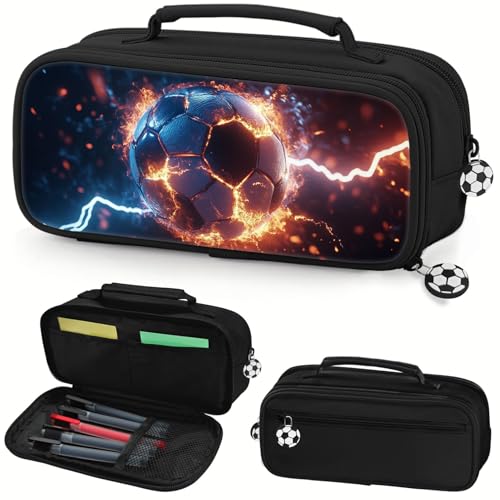 Image of Soccer Pencil Case for Boys - Large Pencil Pouch for Boys with Zipper Compartments & Handle - Big Capacity Pen Organizer Box Bag for Kids Teens School Supplies