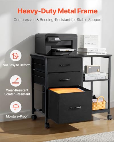 VEVOR Mobile Metal File Cabinet w/ 3 Fabric Drawers & 2 Open Shelves (Black) - image 5