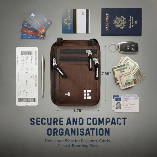 Image of Neck Wallet for Travel & Passport Holder with RFID Blocking - Slim & Easy to Conceal Nylon Travel Pouch for men & women - Holds Phone, Cash, Cards, Keys - Sweat & Water Resistant - Large - Brown