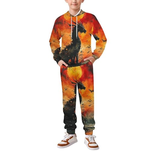 Boy's Girl's Hooded Tracksuit Pullover Sweatshirt Jogging Pants Sweatsuit, Dragon Watercolor Silhouette