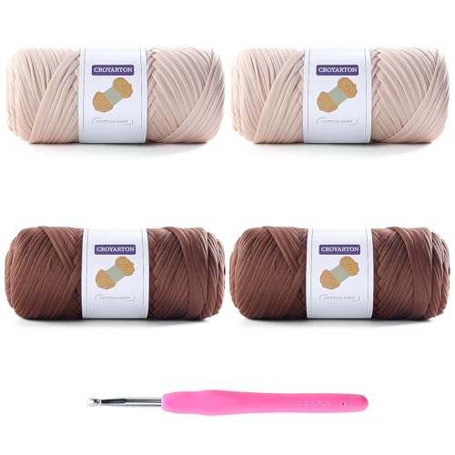 Image of 4 Pack Tshirt Yarn for Crocheting, Elastic T Shirt Spaghetti Thick Knitting Yarn Total Length 260 Yds for Crochet Bag Baskets Home Decor with 1 Crochet Hook (4-Beige+Coffee Color)