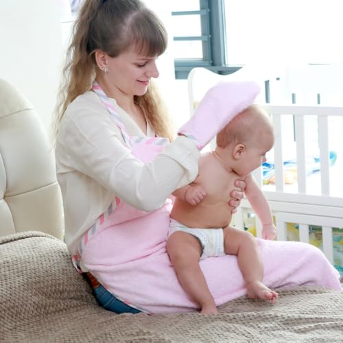Image of Topwon Apron Baby Bath Towel Fleece Baby Washcloth with Bathing Glove Extra Large Hands Free Absorbent Hooded Towel (Grey)