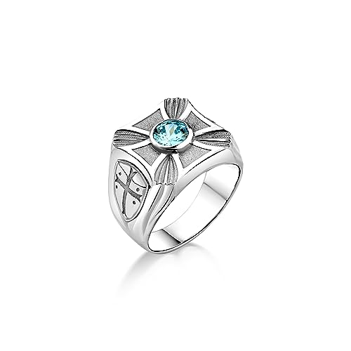 Bague en pierre de topaze bleue pour hommes en argent chrétien gravé