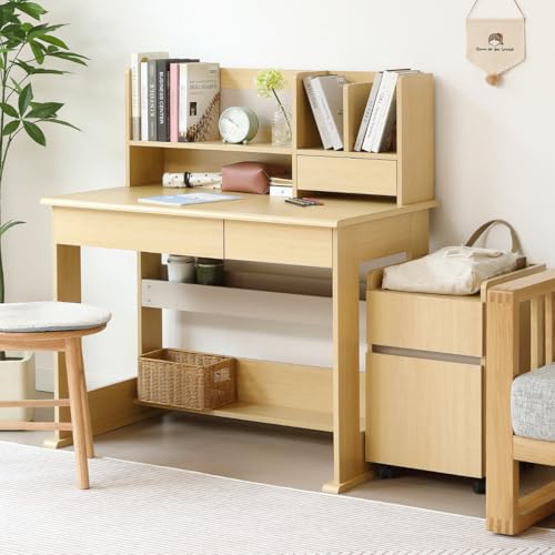 Simpolu 学習机 勉強机 勉強デスク コンパクト ワゴン パソコンデスク 子ども 木製 ブックシェルフ付き 子供部屋 子供 大人 リビング学習机 女の子 男の子 中学生 ジュニア (タイプ B、ナチュラル)