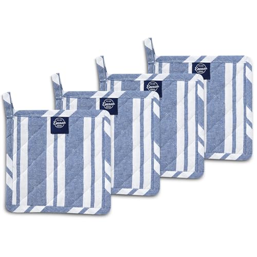 Image of Encasa XO Oven Microwave Pot Holders Trivets 21 cm (4 pc) for Kitchen Cooking & Baking - Heat Resistant, Thick & Safe, Protection of Hands from Hot Utensils, Grill, BBQ - Franca Blue Stripes