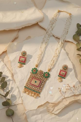 Image of Mansiyaorange South Indian Temple Style Long Pearl Rani Haar with Floral Necklace & Earrings | Traditional Gold Plated Kempu Kundan Stone Jewelry Set for Women