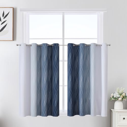 Image of Estelar Textiler Navy Blue and Greyish White Ombre Short Blackout Cafe Curtains 36 Inch Length, Thermal Insulated Grommet Small Half Window Drapes for Kitchen /Basement /RV Camper, 52Wx36L, 2 Panels