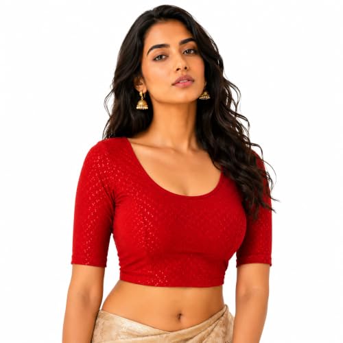 Image of Fressia Fabrics Pure Cotton 4-Way Stretch Readymade Blouse for Women | Free Size to 4XL Stretchable Round Neck Dobby Cotton Half Sleeve Readymade Saree Blouse for Women Stylish