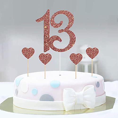 Image of Festiko 13 Cake Topper for 13th Birthday Cake Topper with Heart Cupcake Toppers, Number Thirteen, 13 Years Old, Teenager Birthday Wedding Anniversary Party Decorations (Rose Gold Glitter 5pcs)