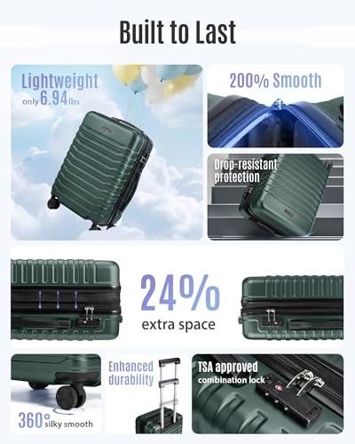 Image of LIGHT FLIGHT Expandable Carry On Luggage 22x14x9 Airline Approved with Double Spinner Wheels, 20 Inch Lightweight Hard Shell Rolling Suitcases with TSA Lock, Pine Green