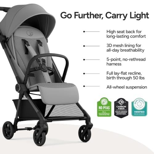Image of Mompush Nexis Carbon Fiber Lightweight Travel Stroller, Carry-On, Grey | Lightweight travel stroller for airplane, compact auto-fold, one-hand recline, XL basket, cup holder, rain cover included