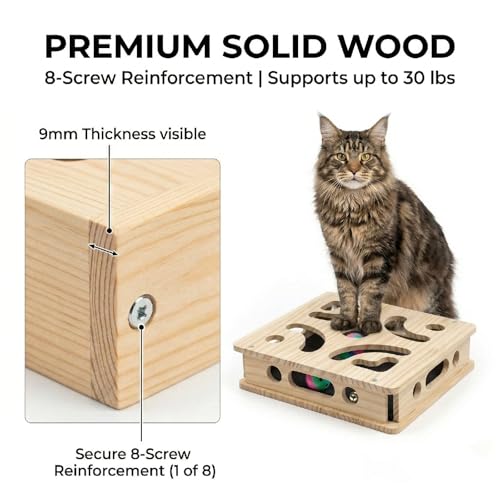 EIODEAR Cat Nail File Scratcher with 5 Sandpaper Pads, 4 Bell Balls, 8 Screw, Solid Wood Cat Scratch Puzzle Enrichment Box Nail Filer Box Toy to File Nails, Cat Treat Box for Treat-Motivated Cats — view 6