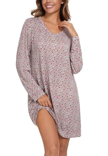 Image of Kabento 2 Pack Long Sleeve Nightgowns for Women Soft Cotton Night Gowns Sleepwear V Neck Nightshirts