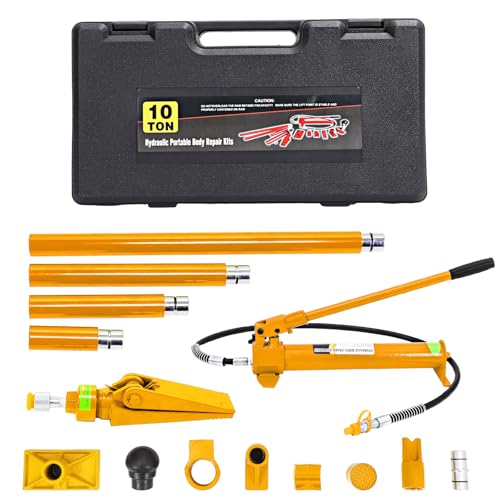10 Ton Porta Power Kit Heavy Duty Hydraulic Ram with Secure Transport Case for Auto Shop Frame Repair Construction Equipment Professional Grade Lifting Tool Yellow