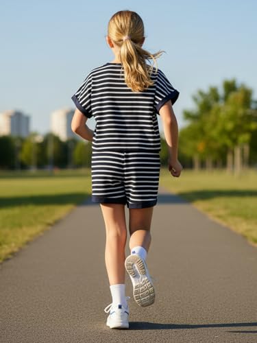 Image of Girls Summer Outfits Striped T-Shirt & Shorts Set for 5-14Y | Kids 2 Piece Clothing, Breathable Textured Tops and Bottoms with Pockets, Great for Casual Wear, School, Sports or Vacation