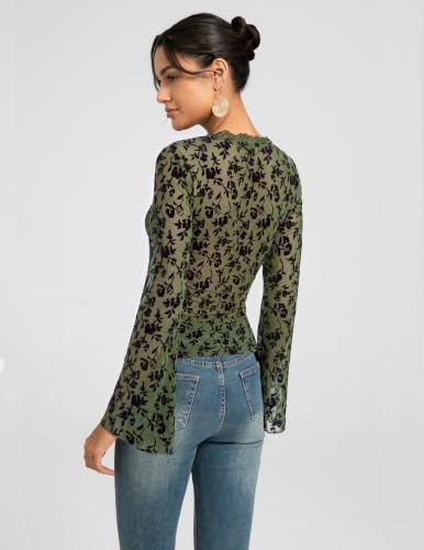 Mesh Long Sleeve Tops for Women, Lace Gothic Date Night Outfits, Green, M — view 3