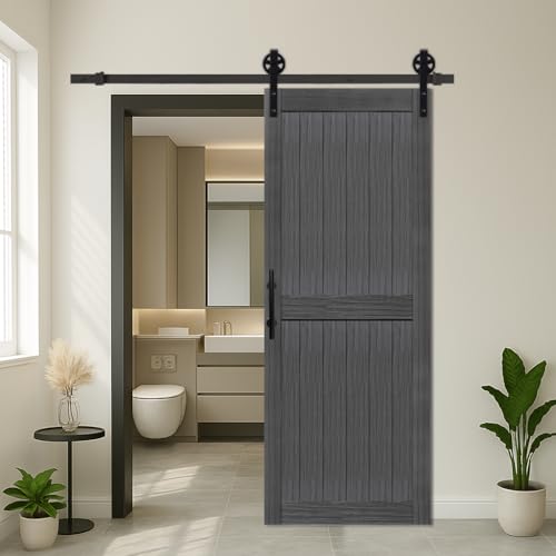 S&Z TOPHAND® 30in x 84in MDF Deep Gray Barn Door with 5FT Sliding Door Hardware Kit, 24-60in Solid Barn Door Slab Covered with Water-Proof PVC Surface, Simple Assembly is Required(Big Wheel)