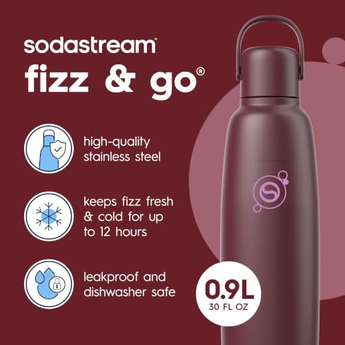 Image of sodastream Fizz & Go Cool, Stainless Steel Carbonated Water Bottle 0.9L, Insulated Metal Bottle for Sparkling Water, Compatible with TERRA, ART, ENSO & More in Pomegranate