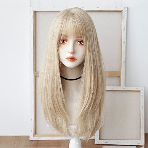 golden Wigs with Bangs for Women 22inch High temperature chemical fiber Natural straight wigs