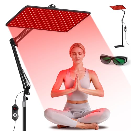 Morfone Rotlichtlampe für Ganzkörper & Gesicht, Infrarotlampe mit 200 LED & 5 Helligkeitsstufen, Tri-Wellenlänge (660nm, 850nm, 940nm) Großes Rotlicht Panel mit Verstellbarem Ständer & Schutzbrille