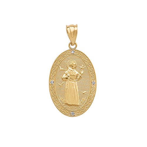 14k Gold Saint Francis of Assisi Diamond Oval Medal Charm Pendant (Small)