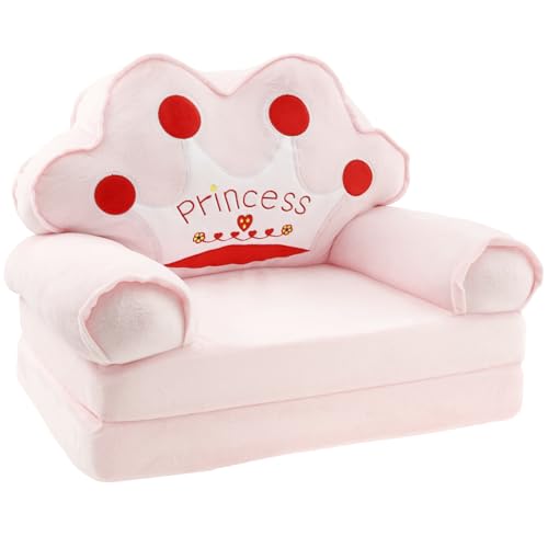 TNTGMG Kindersofa,2-in-1 weiche Kleinkindstühle mit Griff,80×50 cm,Faltbarer Baby-Loungesessel,Umwandelbares Spielsofa zum Liegestuhl für 1 bis 4 Jahre alte Mädchen und Jungen Spielzimmer(Rosa Krone)