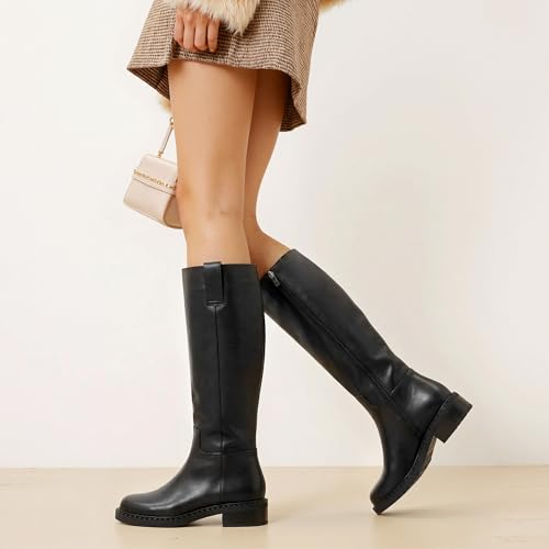 Image of KaroNairy Women Knee High Boots Faux Leather Long Boots Low Chunky Heel Square Toe Side Zipper Fall Tall Boots