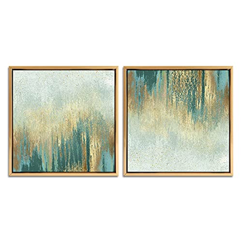 Qtespeii Abstract Wall Art Gold Frame Sage Teal Print Paintings Vintage Linen Canvas Artwork For Bedroom Living Room Minimalist Decorations Rustic Modern Home Office Décor 12"X12" 2 Pieces #TOP5