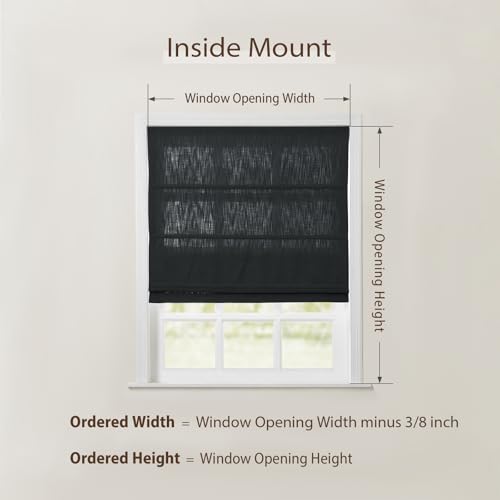 Image of TWOPAGES Isabella No Drill Cordless Roman Shade Linen Textured Cotton Roman Blind for Windows, Custom Made Room Darkening Blackout Roman Window Shade, Hardware Included, Black, 1 Piece