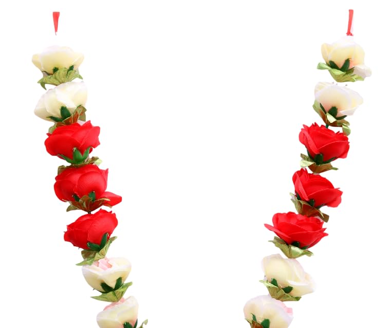 OSI ONESTOREINDIA Handcrafted Artificial Flower/Fabric Satin Ribbon Garland | for Photos, Deity/God Idols, Home &Temple Decoration.| Garland - 8 | (Red + White) 2