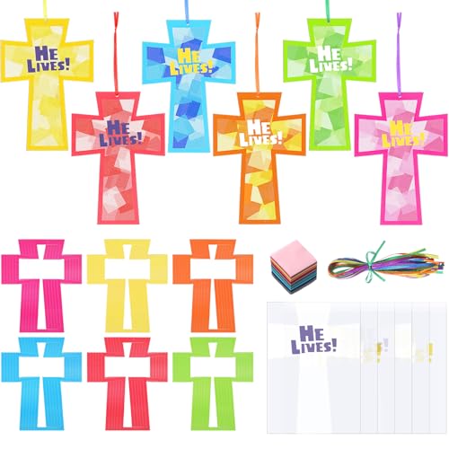 Ctosree 24 Sets Easter He Lives Cross Crafts Kit Religious Cross DIY Tissue Paper for Easter Celebrations Ornaments Religious Sunday School Crafts Home Classroom Game Activities
