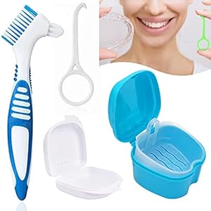 Prothesenbürste Set, Prothesen Bade Box, Zahnspangenreiniger, zahnspangen reinigungsdose Aufbewahrungsbox, Zahnprothesendose, für Zahnspangen oder Zahnersatz reinigen und aufbewahren, Himmelblau