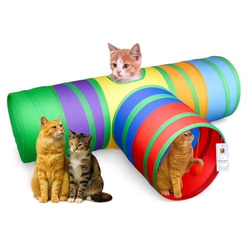 Image of Foodie Puppies 3 Way Rainbow Cat Tunnel Toy - Foldable Interactive Pet Play Tunnel with Hanging Ball for Cats, Kittens, Rabbits, and Guinea Pigs | Indoor /Outdoor Puzzle Exercising Hiding Training Toy